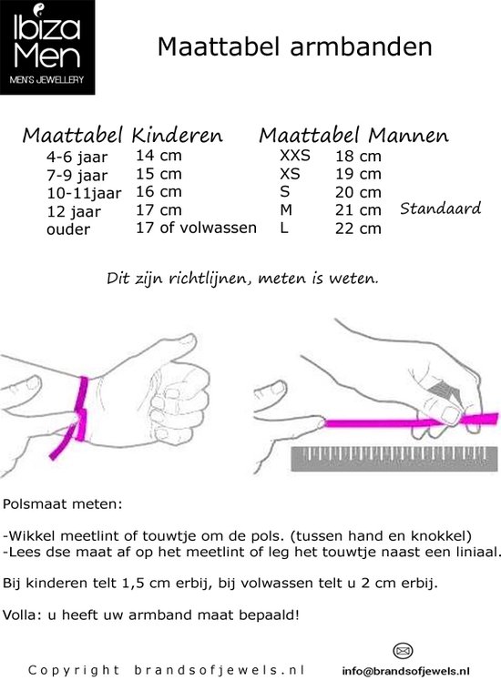 Maattabel voor armbanden, kinder- en mannenmaten met instructies hoe te meten.