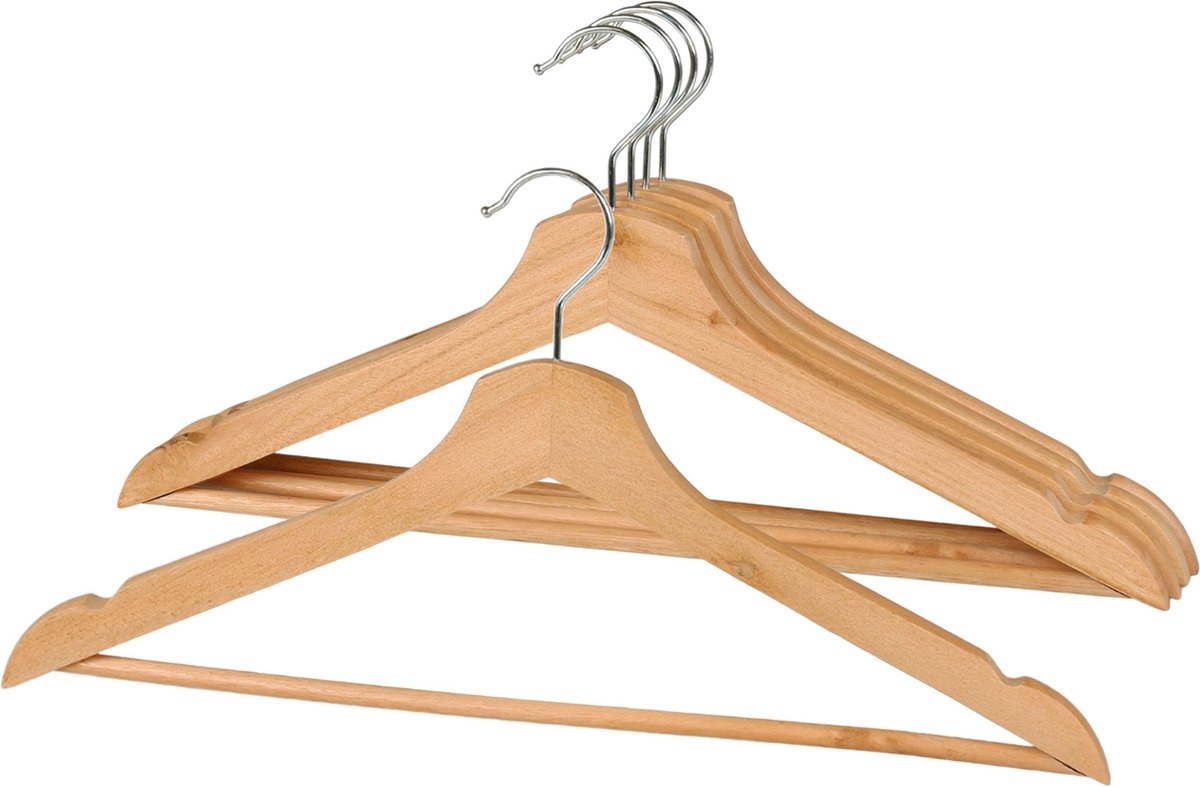 Houten, lichtbruine hangers met dwarsbalk, kleerhangers / 5 stuks