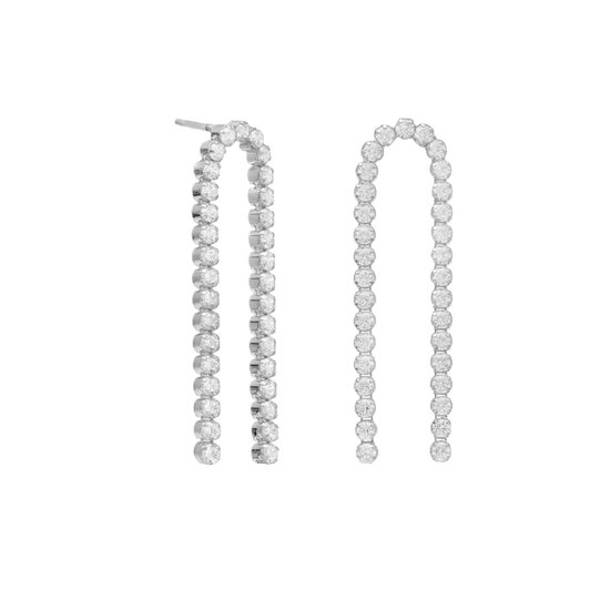 Cadeau voor haar - Victoria Cruz A4366-07HT Zilveren Oorhangers met Kristal Steentjes - 2 Rijtjes - Wit - 40x13mm - Rhodium - Zilver