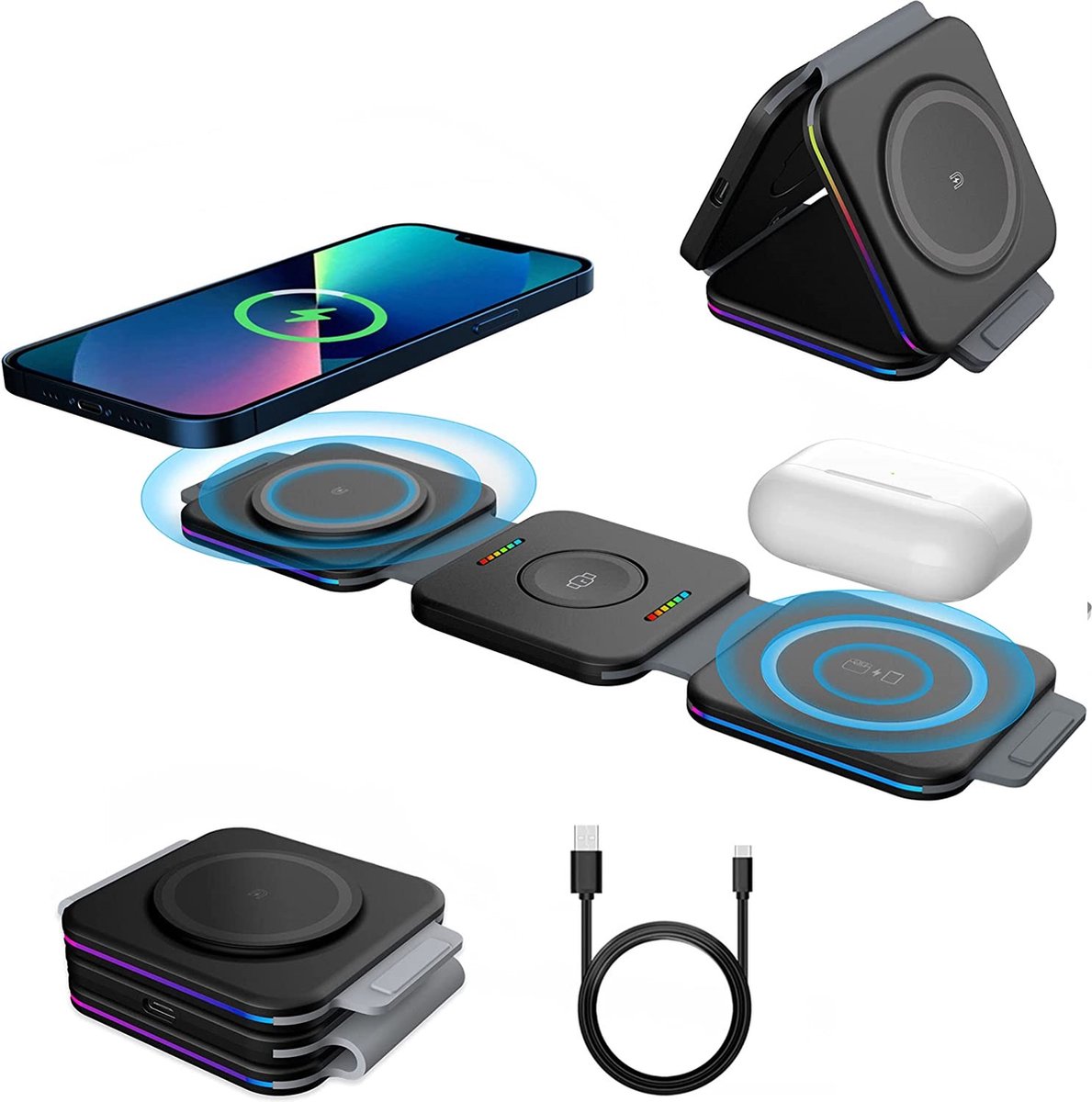 Vyzer 3-in-1 Magsafe Foldable Wireless Charger voor iPhone + Samsung - Zwart