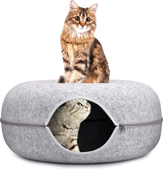 A.K.A. Kattentunnel en kattenmand in-1 – Kattenspeelgoed speeltunnel kattenhuis – kattenhol rond kattenspeeltjes - cat cave donut - grijs vilt