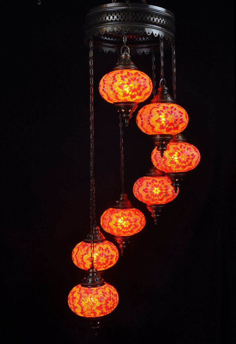 Turkse Lamp - Hanglamp - Mozaïek Lamp - Marokkaanse Lamp - Oosters Lamp - ZENIQUE - Authentiek - Handgemaakt - Kroonluchter - Oranje - 7 bollen