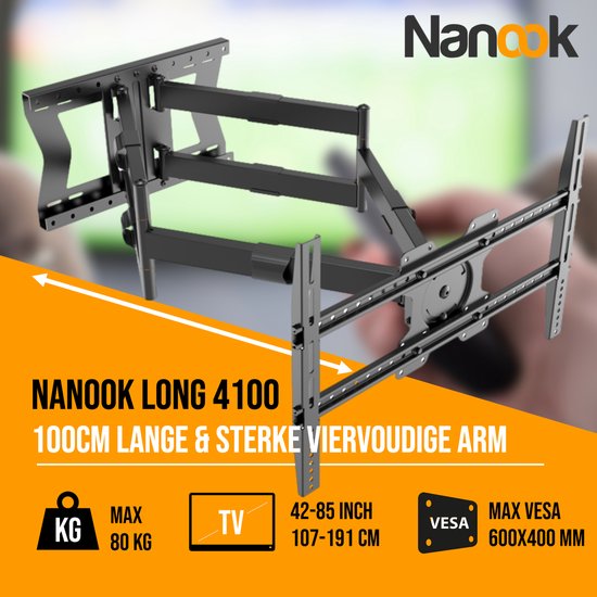 Nanook TV-beugel met dubbele lange arm tot 100 cm - Draaibaar/Kantelbaar - 42-85 inch - Max. 80 kg - VESA 100x100 t/m 600x400 - Dubbele arm