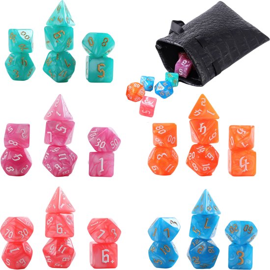 Afbeelding van het spel Lapi Toys - Dungeons and Dragons dobbelstenen mega set - D&D dobbelstenen - D&D polydice - 5 sets (35 stuks) - Acryl - Met gratis dice bag - Meerkleurig