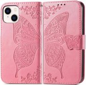 Peachy Vlinder Wallet kunstleer hoesje voor iPhone 14 - roze