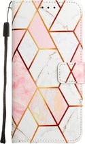 Peachy Rose Marble Wallet kunstleer hoesje voor iPhone 14 Pro - wit en roze