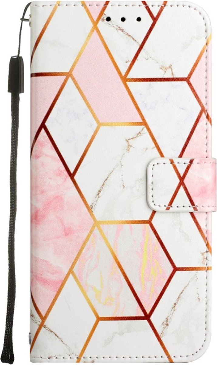 Peachy Rose Marble Wallet kunstleer hoesje geschikt voor iPhone 14 Pro - wit en roze