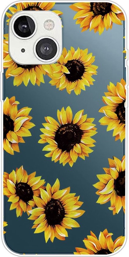 Peachy Sunflower TPU hoesje met zonnebloemen voor iPhone 14 – transparant en geel