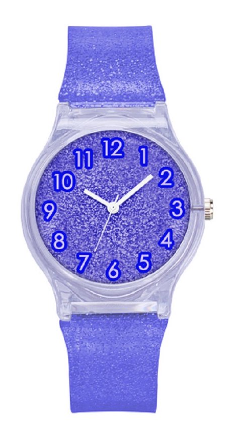 Glitter horloge - donkerblauw - kinderen/ tieners - 33 mm - I-deLuxe verpakking