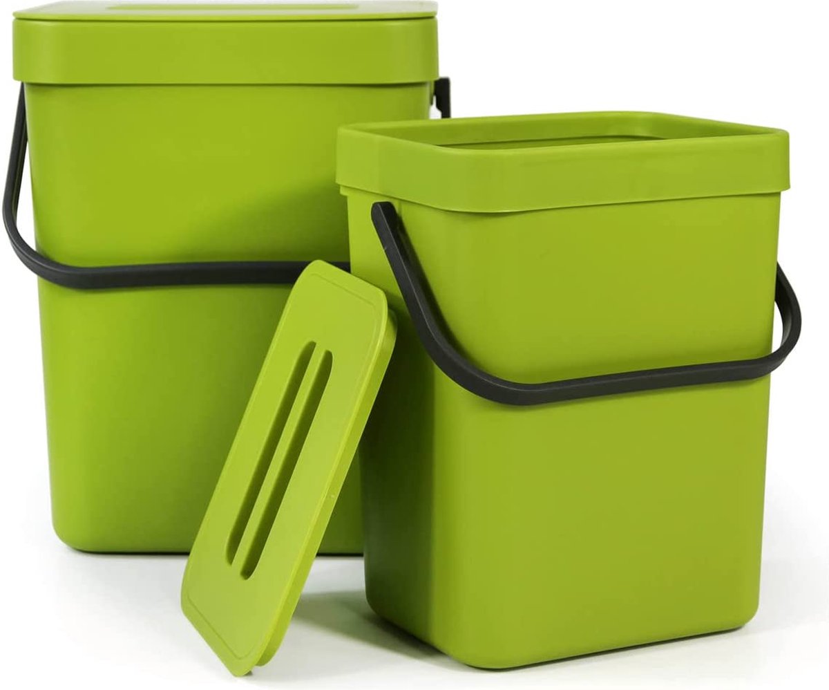 Spesh Biologische afvalemmer keuken set van 2 (5 l + 3 l) kunststof compostemmer, geurdicht op te hangen, afvalemmer met deksel voor dagelijks gebruik biologisch afval (groen)