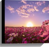 WallClassics - Canvas  - Veld Roze Bloemen met Paarse Lucht - 30x30 cm Foto op Canvas Schilderij (Wanddecoratie op Canvas)