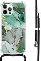 Hoesje met koord geschikt voor iPhone 12 - Marble Design - Inclusief zwart koord - Crossbody beschermhoes - Transparant, Groen - ELLECHIQ