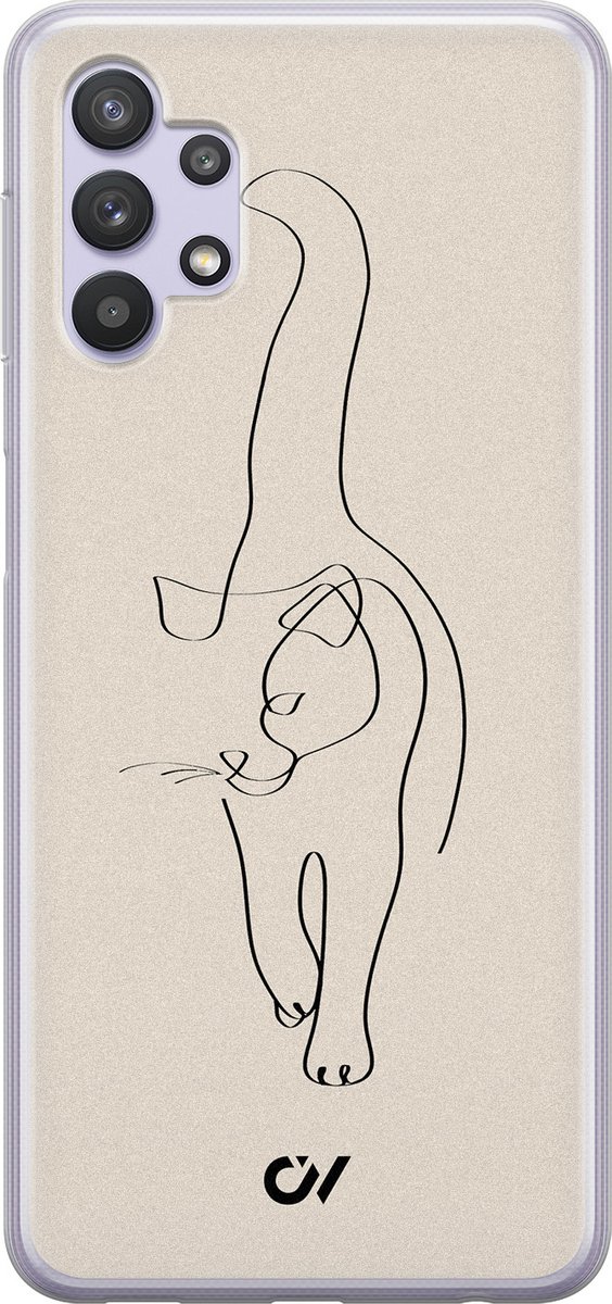 Samsung A32 5G hoesje - Oneline Cat - Print / Illustratie - Beige - Soft Case Telefoonhoesje - TPU Back Cover - Casevibes