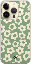 iPhone 14 Pro hoesje siliconen - Retro Cute Flowers - Bloemen - Groen - Apple Soft Case Telefoonhoesje - TPU Back Cover - Casevibes