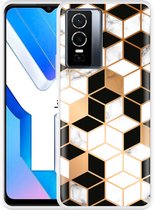 Vivo Y76 Hoesje Black-white-gold Marble - Designed by Cazy