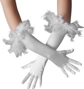 dressforfun - Lange satijnen handschoenen met veren zilver - verkleedkleding kostuum halloween verkleden feestkleding carnavalskleding carnaval feestkledij partykleding - 304590