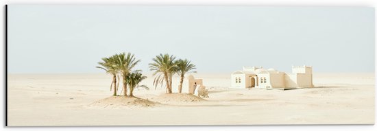 WallClassics - Dibond - Woestijn met Palmbomen en Gebouw - 60x20 cm Foto op Aluminium (Met Ophangsysteem)