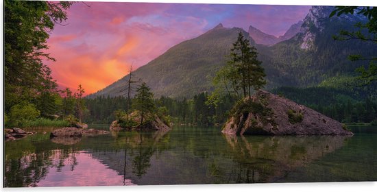 WallClassics - Dibond - Meer bij Bos en Bergen - 100x50 cm Foto op Aluminium (Met Ophangsysteem)