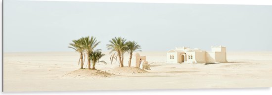 WallClassics - Dibond - Woestijn met Palmbomen en Gebouw - 150x50 cm Foto op Aluminium (Wanddecoratie van metaal)