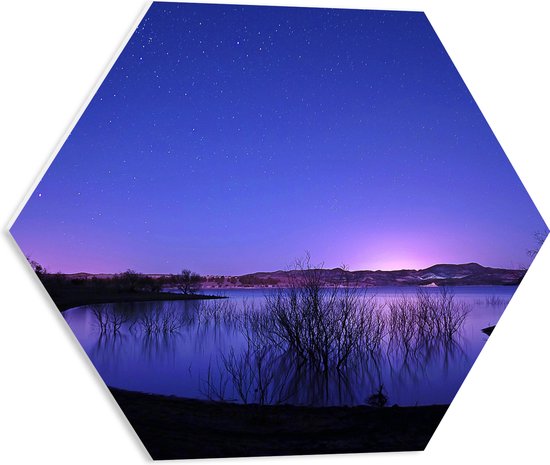 WallClassics - PVC Schuimplaat Hexagon  - Meer in de Nacht bij Paars met Blauwe Lucht - 50x43.5 cm Foto op Hexagon (Met Ophangsysteem)