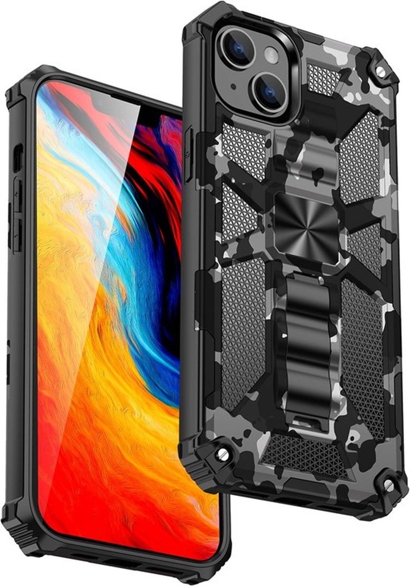 IPhone 13 Pro Max hoesje rugged extreme backcover met kickstand Camouflage Marmer - Zwart