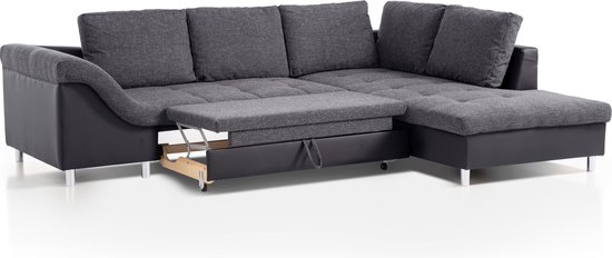 Canapé d'angle Dezi - Similicuir Zwart - Canapé d'angle avec fonction lit - 5 places - Assise Similicuir Zwart - tissu gris foncé - Canapé d'angle Seats4You
