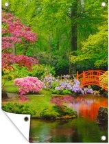 Tuinposter - Tuindoek - Tuinposters buiten - Brug - Japans - Botanisch - Bomen - Bloemen - 90x120 cm - Tuin