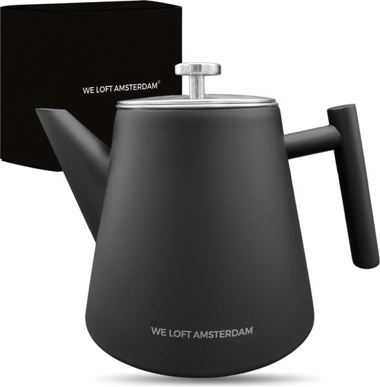 WeLoftAmsterdam Theepot met Filter - Dubbelwandig - Luxe RVS Zwart