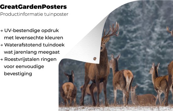 Tuinposter 120x80 cm - Tuindecoratie Hert - Winter - Sneeuw - Bosdieren - Bos - Natuur - Poster voor in de tuin - Buiten decoratie - Schutting tuinschilderij - Tuindoek muurdecoratie - Wanddecoratie balkondoek