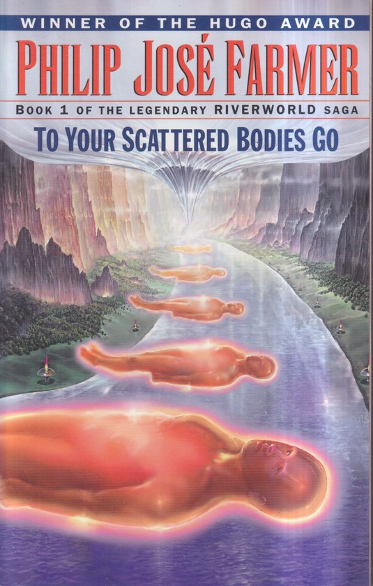 Boekcover van 'To Your Scattered Bodies Go', met stripfiguren die in een rivier drijven onder een waterval.