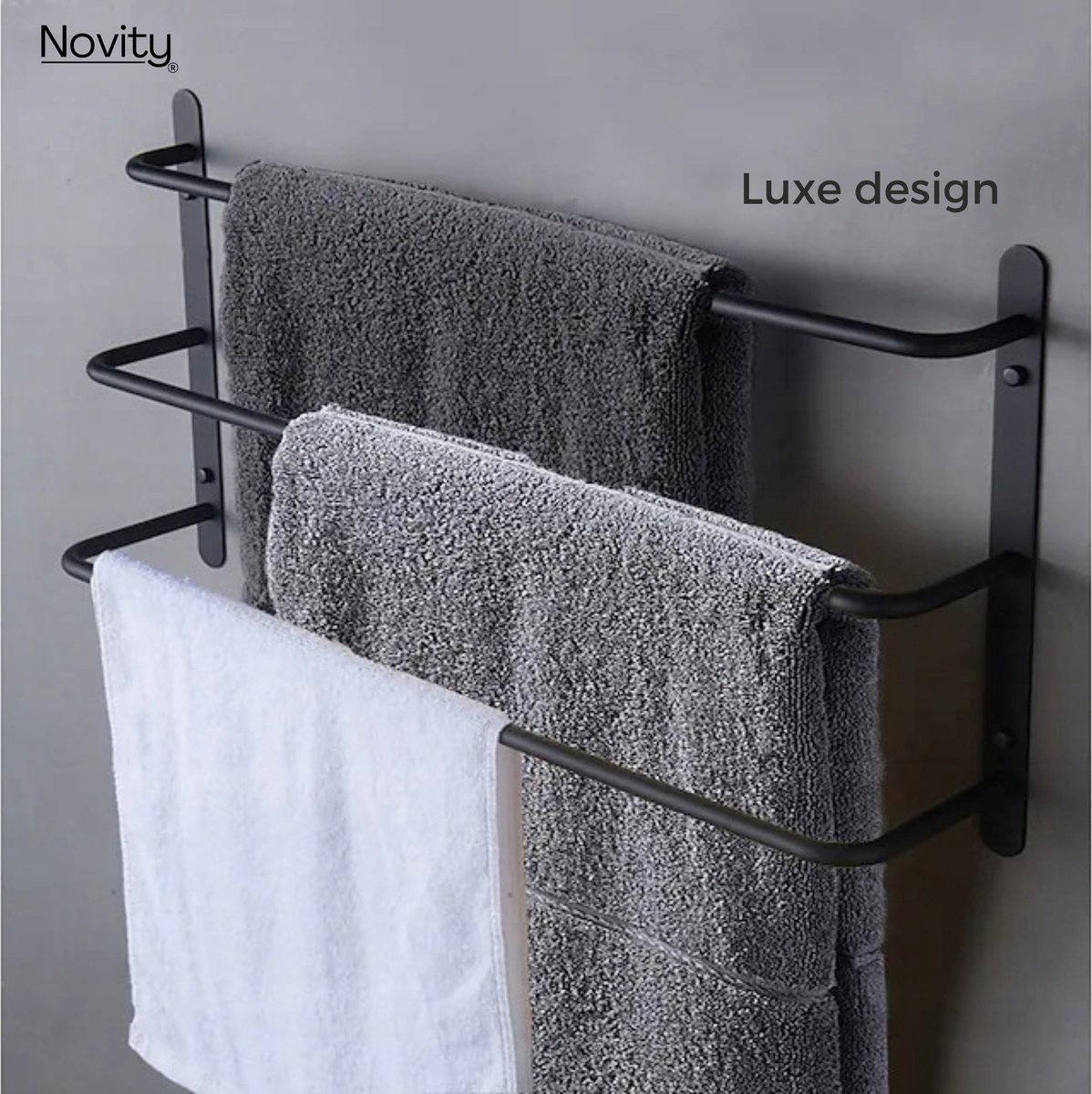 Novity® | Handdoekrek | Mat Zwart | Design Handdoekhouder | Mat zwart | 3-armig handdoekenrek | Hangend