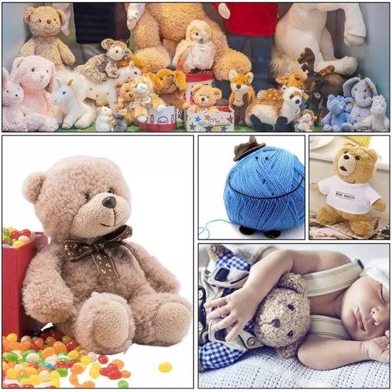 Een collage van teddyberen en knuffels, waaronder een slapende baby met een knuffel.
