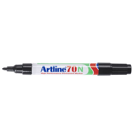 Artline 70N zwarte permanente markeerstift met groene, witte, rode en blauwe accenten.