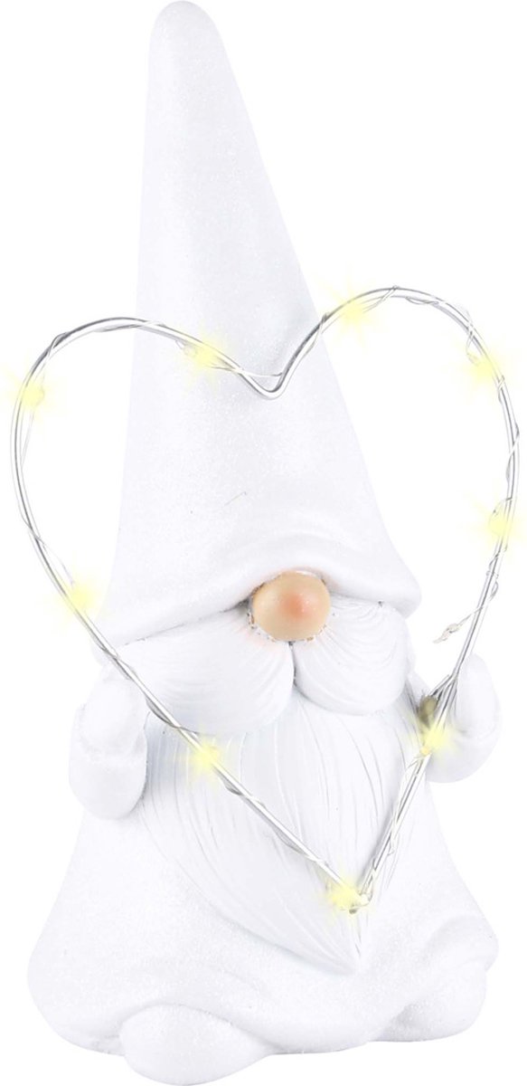 Santagnoom / gnoom met hart en LED verlichting - Wit / zilver - 13 x 9 x 23 cm hoog.