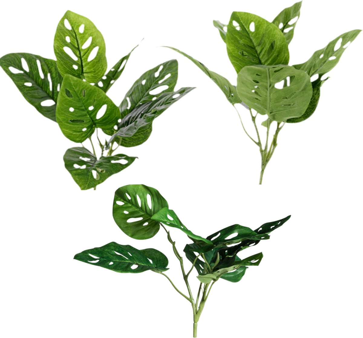 Driesprong Collection 3 stuks - Monstera - Monkey Leaf - Gatenplant - kunstplant - 7 bladeren - Ø 30cm - hoogte: 30cm - zonder pot onbekend