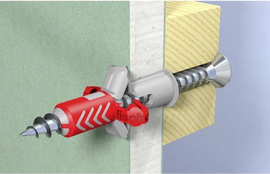 Fischer plug met schroef in gipswand en houten muur. Rode en witte plug, schroefpunt zichtbaar.