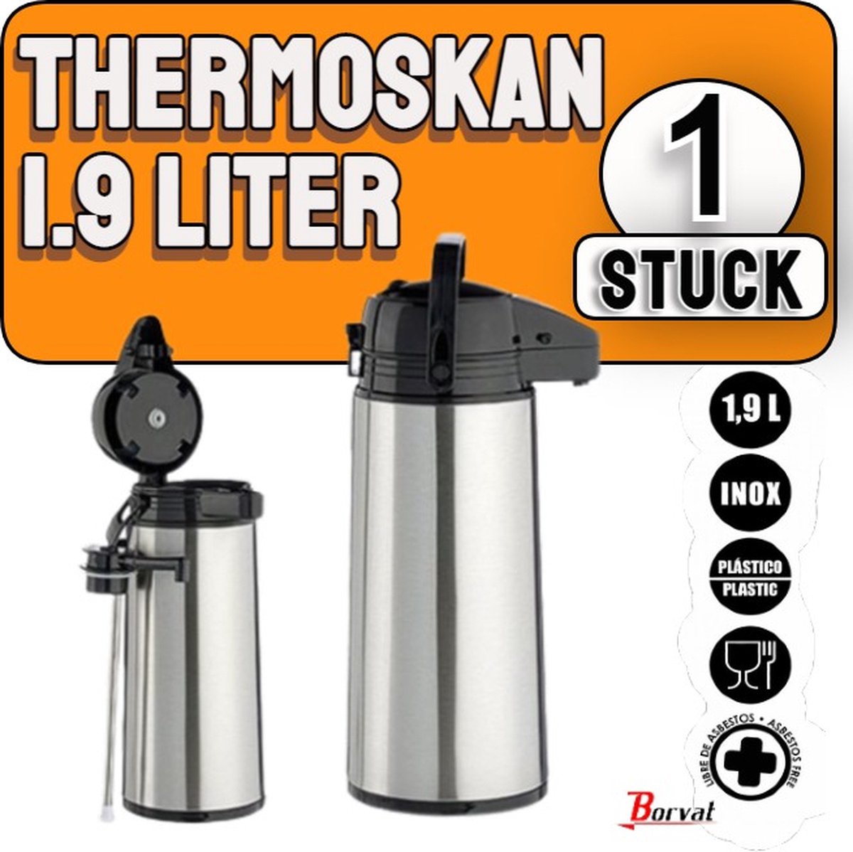 Borvat®| Thermoskan 1.9 liter- isoleerkan - kan 1.9 liter - Thermos 1.9 liter - Isoleerfles Thermofles Drinkfles - Waterfles - Stalen - RVS - Thermoskan met pomp - 1,9 Liter - RVS - Vaatwasserbestendi