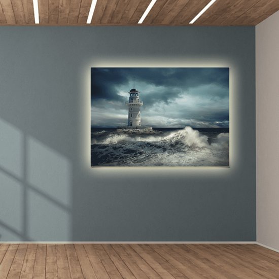 Meester Aan De Muur - Schilderij - Doek Schilderstuk Muurdecoratie Fotokunst Tafereel Lighthouse On The Sea - Multicolor - 60 X 40 Cm