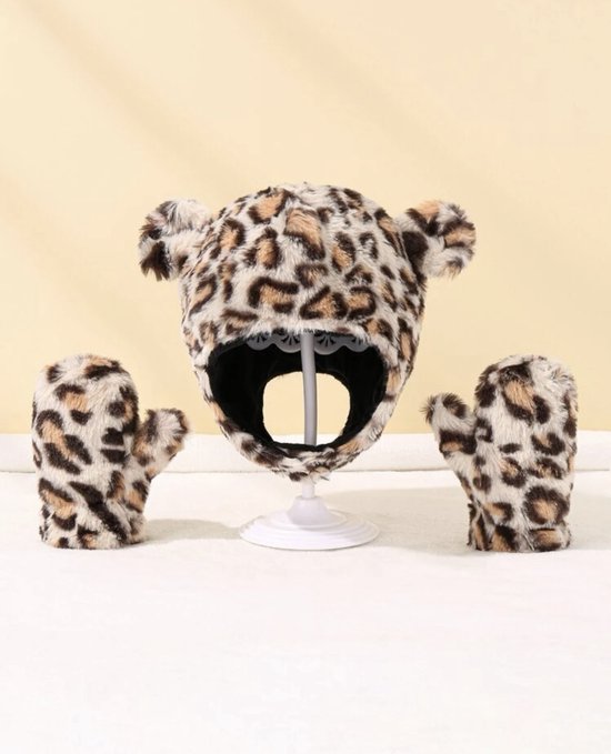 Little koekies - Leopard muts & wanten beige -  babypanter - winterset - Babymuts - babywanten