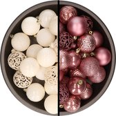 Kerstballen - 74x stuks - wol wit en oudroze - 6 cm - kunststof