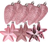 Dennenappels en sterren kerstornamenten - 12 stuks - kunststof - roze