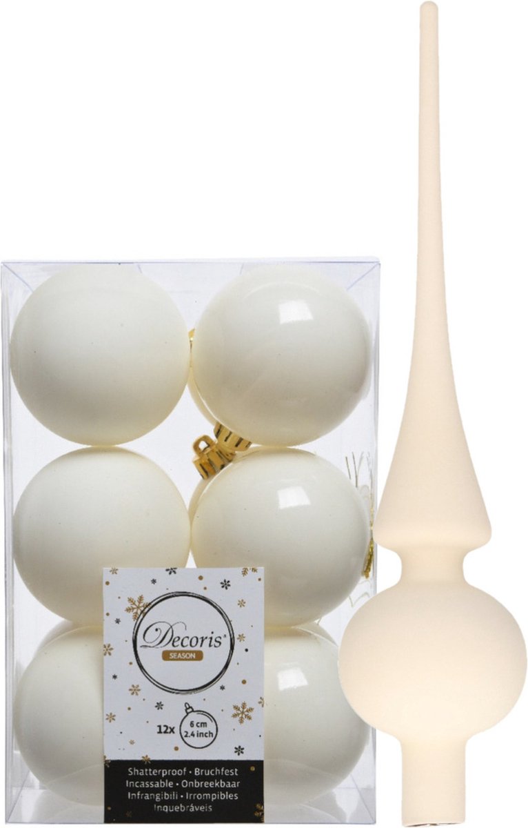 Kunststof kerstballen - 6 cm - 12x stuks - met glazen piek - wol wit