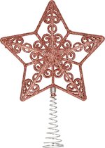 Kerstboom piek - open ster - kunststof - donker roze glitter - 20 cm