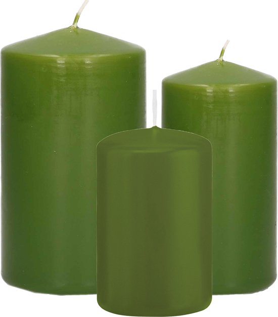 Trend Candles - Stompkaarsen set 3x stuks olijfgroen 8-10-12 cm