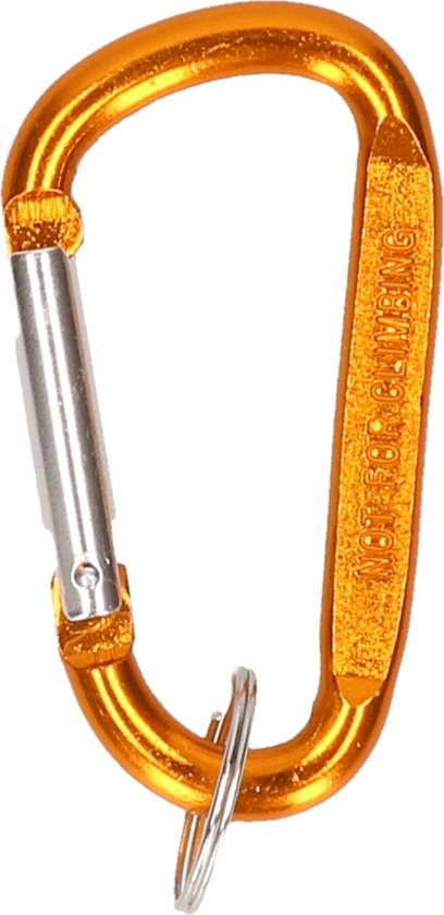 Gouden karabijnhaak met schroefsluiting en 'NOT FOR CLIMBING' in reliëf.