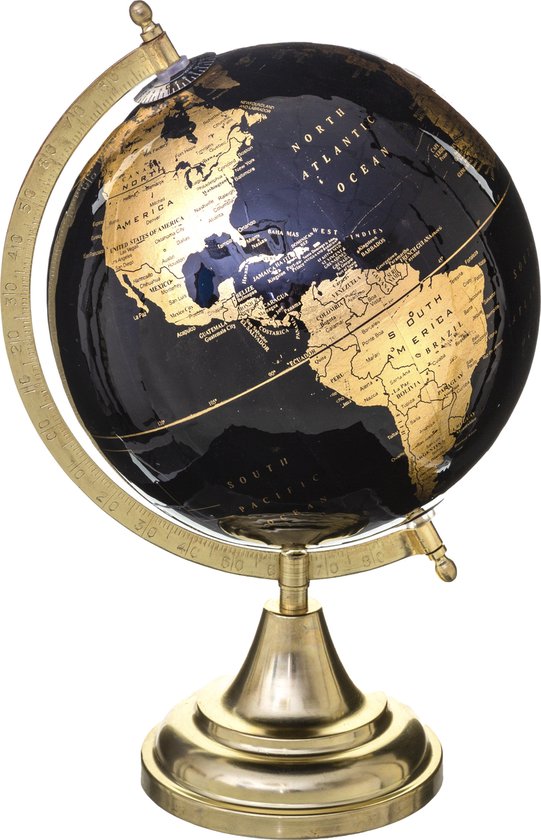 Decoratie wereldbol/globe zwart/goud op metalen voet D20 x H33 cm - Landen/continenten topografie