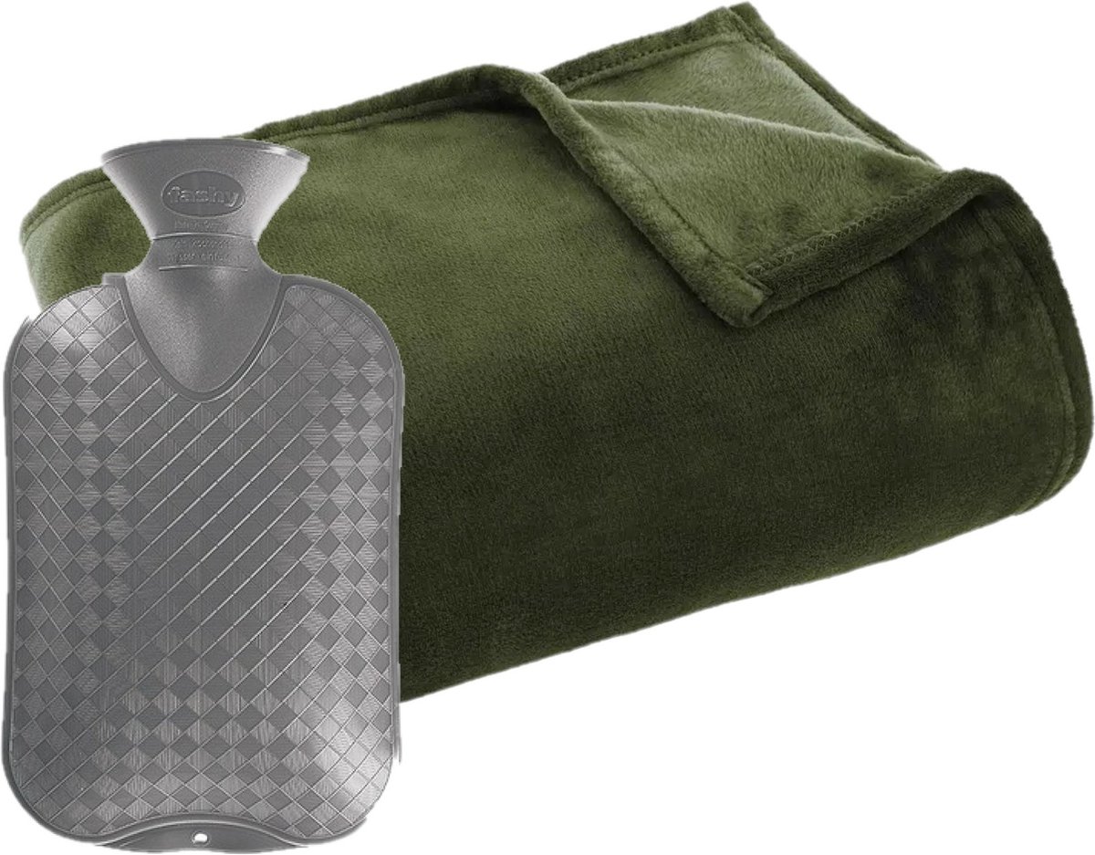 Fleece deken/plaid Olijf groen 125 x 150 cm en een warmwater kruik 2 liter