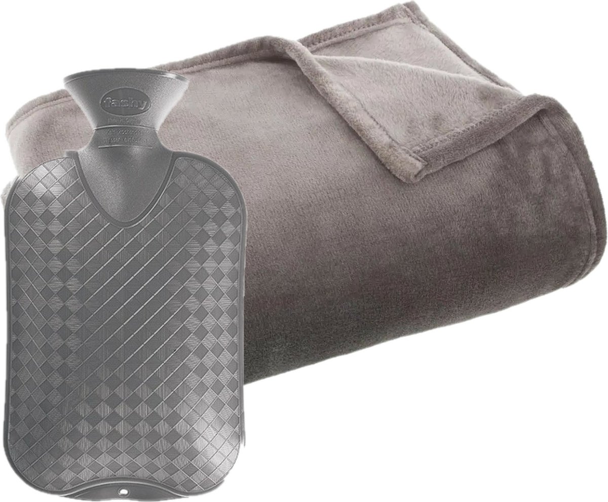 Fleece deken/plaid grijs 125 x 150 cm en een warmwater kruik 2 liter