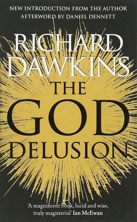 Couverture du livre 'The God Delusion' par Richard Dawkins. Rayons dorés derrière texte noir.