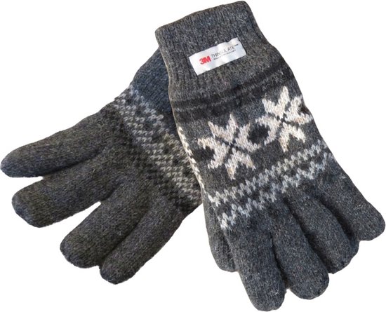 Paar donkergrijze gebreide handschoenen met witte en zwarte sneeuwvlokken en 3M Thinsulate labels.